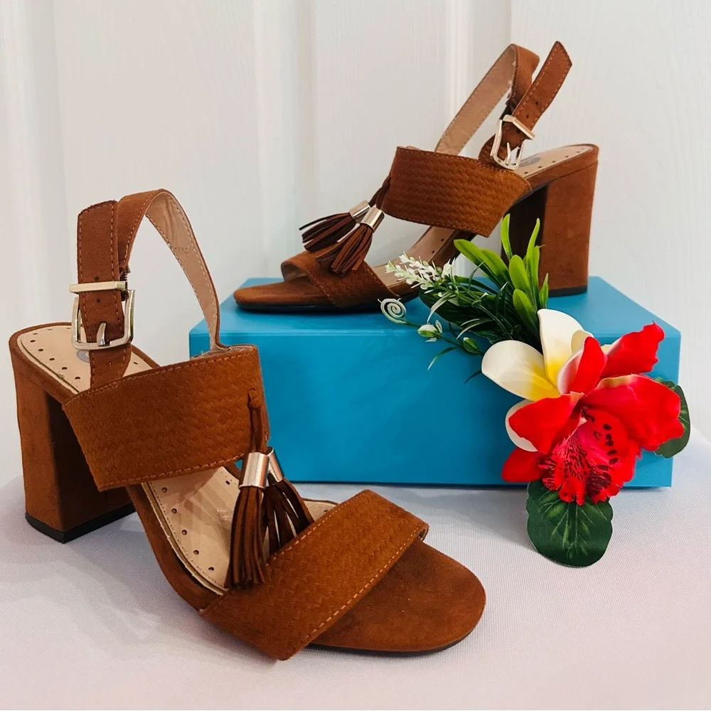 GABBY ~ Camel Brown Suede Sandals/Tassel Details and 3” Block Heel